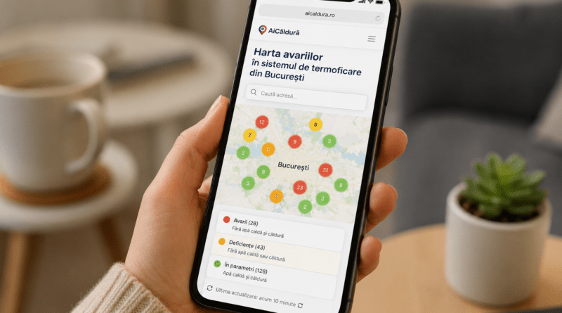 Harta termoficare București afișată pe telefon, cu avarii și deficiențe la apă caldă și căldură